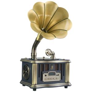 Mini Gramofone Retrô com Entrada USB, AUX, Rádio FM, Bluetooth e Controle Remoto, Artisam, Azul Escuro