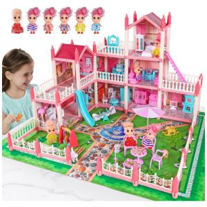 Casa de Bonecas com Acessórios, 6 Bonecas e Cômodos Customizáveis para Crianças de 6 Anos ou Mais, ALLROAD, Rosa