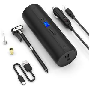 Compressor de Ar Elétrico Mini, 12V DC, 2000 mAH, 150 PSI, Digital LCD LED, CYCPLUS, Preto