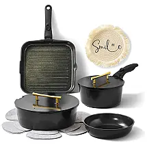 Jogo de Panelas e Frigideiras Antiaderentes, Material em Cerâmica com 12 Peças, Cabo Removível, sem PTFE e PFOA, Ailwyn, Preto