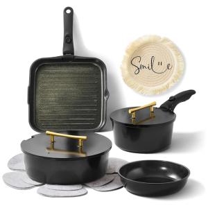 Jogo de Panelas e Frigideiras Antiaderentes, Material em Cerâmica com 12 Peças, Cabo Removível, sem PTFE e PFOA, Ailwyn, Preto