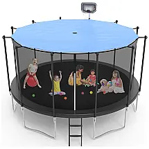 YORIN Trampolim 4,9m com Capa Solar, Cesta de Basquete e Rede de Proteção, Suporta 680kg, Preto, ASTM