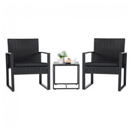 Conjunto de Móveis de Exterior em Vime Flamaker 3 Peças Preto - Rattan PE Resistente, Estrutura Aço, Mesa de Centro e Cadeiras Modernas