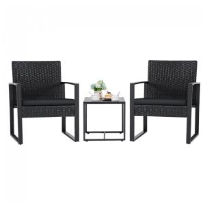 Conjunto de Móveis de Exterior em Vime Flamaker 3 Peças Preto - Rattan PE Resistente, Estrutura Aço, Mesa de Centro e Cadeiras Modernas
