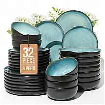 Aparelho de Jantar Pokini 32 Peças Grés Verde e Preto Serviço para 8 com Tigelas para Massas