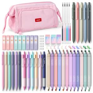 Kit escolar estético Nicpro 55 peças com estojo rosa, marcadores pastel, canetas em gel coloridas e pretas, lapiseiras e acessórios