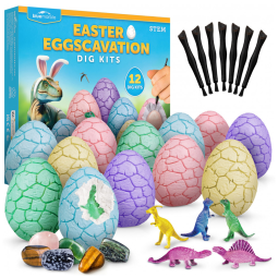Kit de Escavação Ovo de Páscoa – 12 Blocos com Gemas Reais e Dinossauros que Brilham no Escuro, Brinquedo Educativo STEM