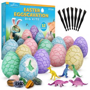 Kit de Escavação Ovo de Páscoa – 12 Blocos com Gemas Reais e Dinossauros que Brilham no Escuro, Brinquedo Educativo STEM