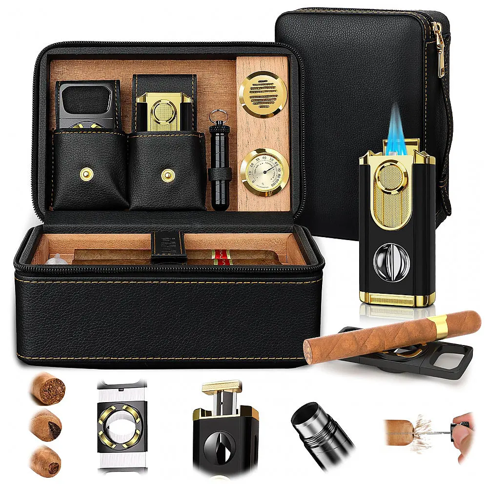 Umidificador de Charutos Kirenp Preto e Dourado com Acessórios 2 Camadas e Forro de Cedro