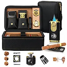 Umidificador de Charutos Kirenp Preto e Dourado com Acessórios 2 Camadas e Forro de Cedro
