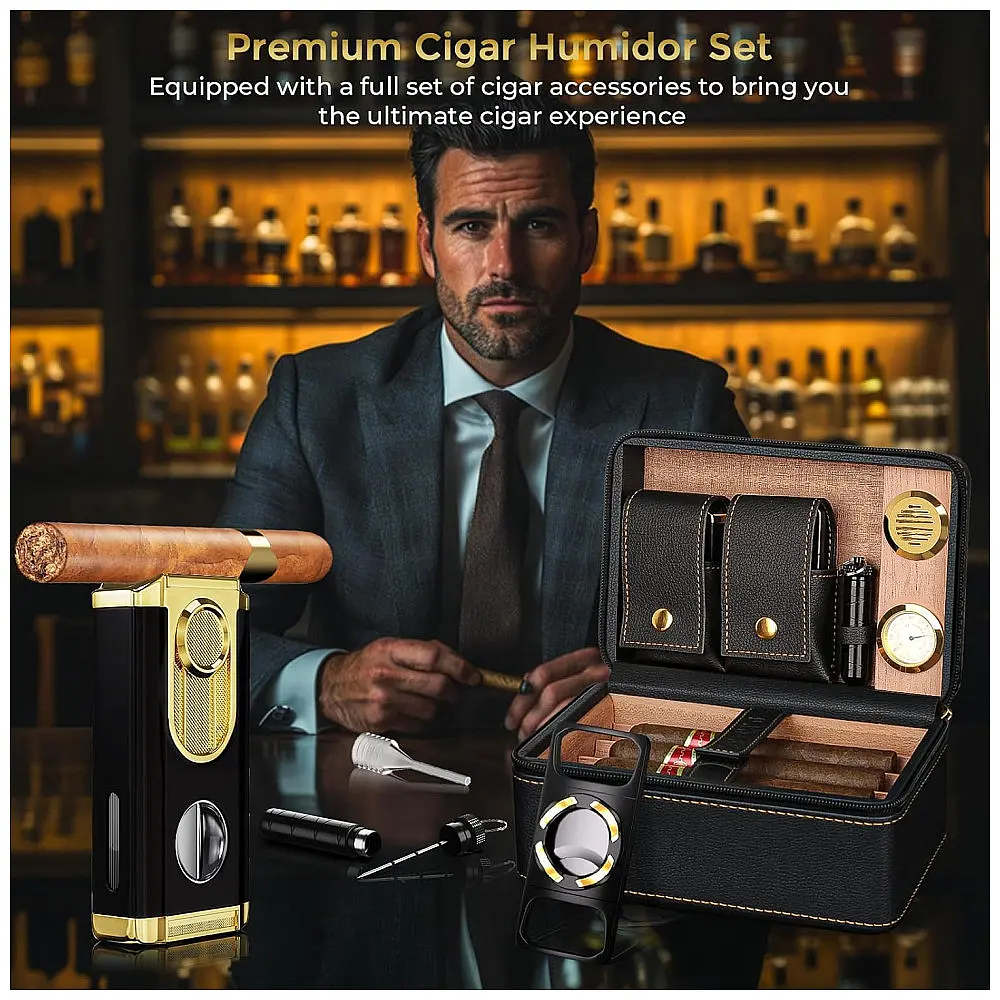 Umidificador de Charutos Kirenp Preto e Dourado com Acessórios 2 Camadas e Forro de Cedro — foto 2