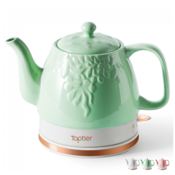 Chaleira Elétrica Toptier Verde Cerâmica 1L 1200W Bocal Gooseneck Base 360° Proteção Antissecagem Auto Desligamento Design Folhas 110V