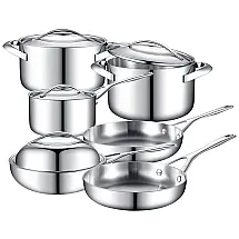Conjunto de Panelas e Frigideiras com 3 Camadas Antiaderentes de Aço Inoxidável, 10 Peças, STAMBE, Prateado