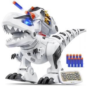 Dinossauro robô STEM Ruko 8809 grande com controle remoto 2,4GHz, programação, dardos de espuma, sons e luzes em LED para crianças