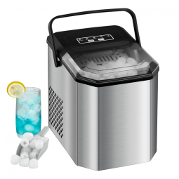 Máquina de Gelo até 11 kg em 24H Portátil com Autolimpeza, 110V, Garvee, Prata e Preto