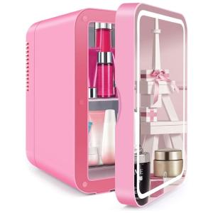 COOSEON Mini Geladeira para Skincare 6 Litros com Espelho, 110V, 12V, Rosa