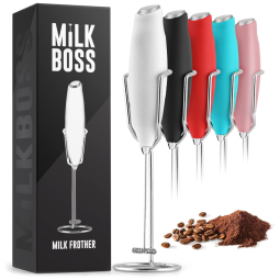 Milk Boss Espumador Elétrico de Leite em Aço Inoxidável a Bateria com Suporte, Branco