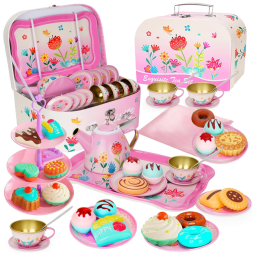 Jogo de Chá Infantil em Lata com Sobremesas e Maleta de Transporte para Crianças Acima de 3 Anos, KMUYSL, Rosa