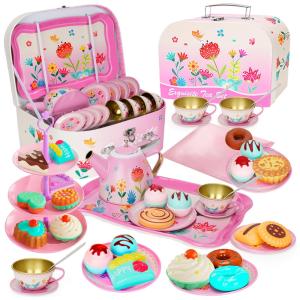 Jogo de Chá Infantil em Lata com Sobremesas e Maleta de Transporte para Crianças Acima de 3 Anos, KMUYSL, Rosa