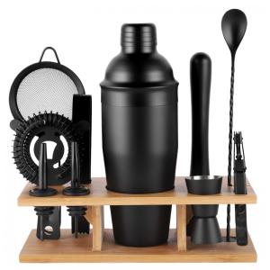 Kit Bartender Profissional 11 Peças em Aço Inoxidável com Suporte de Bambu, JNWINOG, Preto Fosco