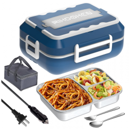 Marmita Elétrica Portátil 1,5L com Recipiente de Aço Inoxidável e à Prova de Vazamentos, 12V 110V 60W, RIKDOKEN, Azul e Branco
