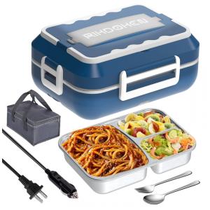 Marmita Elétrica Portátil 1,5L com Recipiente de Aço Inoxidável e à Prova de Vazamentos, 12V 110V 60W, RIKDOKEN, Azul e Branco