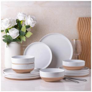 Conjunto de Jantar de Cerâmica AmorArc para 4 Pessoas, 12 Peças de Pratos e Tigelas Pintadas à Mão com Base de Terracota Rústica