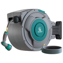 Mangueira de Jadim 30M com Enrolador Retrátil, Bico Pulverizador de 10 Funções, Sistema de Retorno Lento e Trava, Gilbest, Cinza