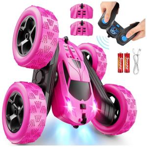 Carrinho de Controle Remoto Rosa para Meninas, Carro de Acrobacias RC Dupla Face 360 com Faróis, Brinquedo para Aniversário de 6 a 12