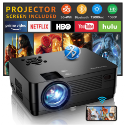 Projetor com Wi-Fi 5G e Bluetooth, Nativo 1080P com Tela Inclusa, 18000LM Full HD, Home Theater 100'', Compatível com Celular, Roconia