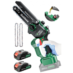 Mini Motosserra Elétrica Portátil para Poda de Galhos com 2 Baterias de 2000mAh e Sistema de Lubrificação Automática, Goldsea, Verde
