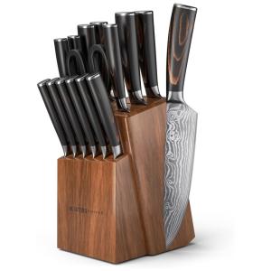 Conjunto de Facas em Aço Inoxidável com Bloco de Bancada e Cabo Ergonômico, 13 Peças, Yatoshi, Marrom
