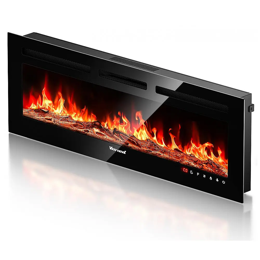 Lareira Elétrica de Embutir de Chama Realista A43x127L cm com Suporte de TV, Conjunto de Toras e Chamas de Cristal, Temporizador