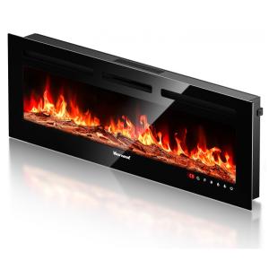 Lareira Elétrica de Embutir de Chama Realista A43x127L cm com Suporte de TV, Conjunto de Toras e Chamas de Cristal, Temporizador