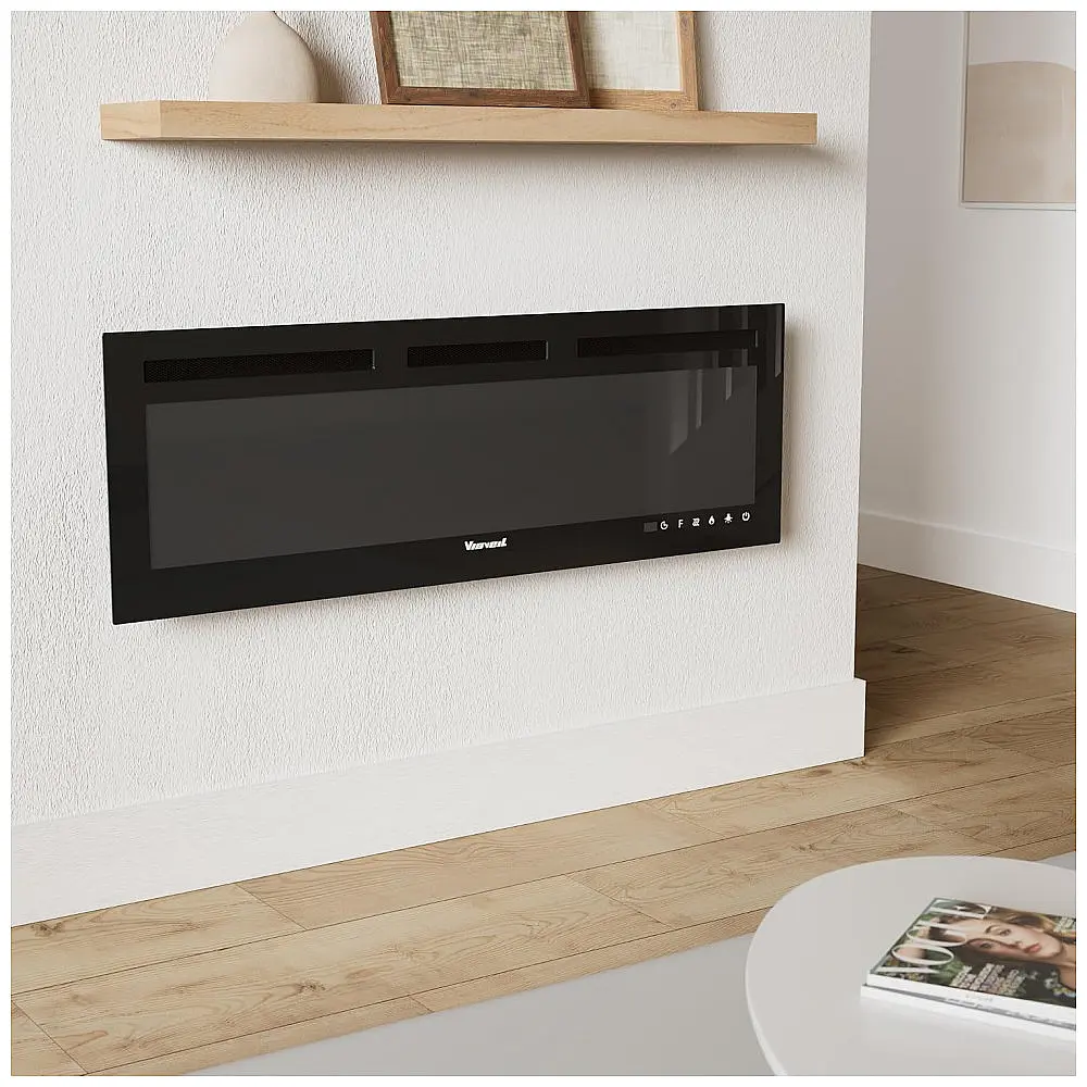 Lareira Elétrica de Embutir de Chama Realista A43x127L cm com Suporte de TV, Conjunto de Toras e Chamas de Cristal, Temporizador — foto 2
