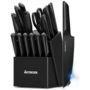 Conjunto de Facas com Afiador Embutido e Bloco de Bancada 15 Peças, ASTERCOOK, Preto
