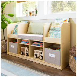 Móvel infantil Guidecraft EdQ Reading Nook natural, estante com assento acolchoado, organizador multiuso com prateleiras e cestos