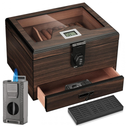 Umidor de Cedro com Umidade Digital e Fechadura, Maçarico All-in-1, Presente de Luxo para Homens, Até 60-80 Charutos,LIHTUN