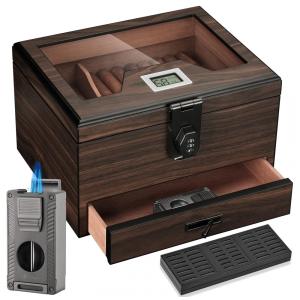 Umidor de Cedro com Umidade Digital e Fechadura, Maçarico All-in-1, Presente de Luxo para Homens, Até 60-80 Charutos,LIHTUN