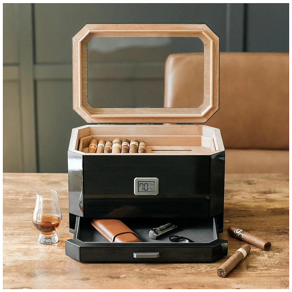 Humidor Case Elegance Octodor Preto Piano 100 Charutos Sistema Digital Hydro Cedro Espanhol — foto 2
