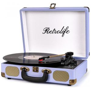Toca-Discos Portátil Retrolife 3 Velocidades Bluetooth em Maleta com Alto-falantes Integrados, Saída RCA, Entrada AUX e Conector para Fone