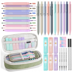 Kit escolar 39 peças Nicpro verde com estojo e marcadores pastel para escrita e destaque