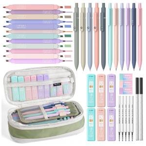 Kit escolar 39 peças Nicpro verde com estojo e marcadores pastel para escrita e destaque