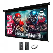 Tela de projeção motorizada 125" Akia Screens 16:9 MaxWhite 2 carcaça preta controle remoto 110V