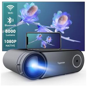 Projetor HD 1080P com Wi Fi 5G e Bluetooth 8500 Lumens e Projeção de até 200 Polegadas, TOPERSON T421, Cinza