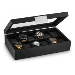 Caixa, Estojo de Fibra de Carbono e Visor de Vidro para Relógios com 12 Compartimentos, Glenor Co, Preto