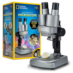 NATIONAL GEOGRAPHIC Microscope Infantil Dual LED Prata - Kit Científico com 50+ Peças, 10 Lâminas Preparadas e 10 Lâminas em Branco