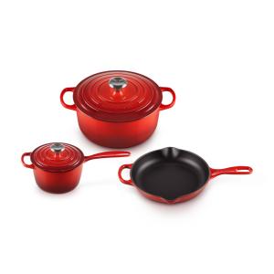Conjunto de Panelas e Frigideiras Antiaderentes de Ferro Fundido Esmaltado, 5 Peças, LE CREUSET MS1605 67SS, Vermelho