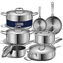 LEGENDCOOKWARE Conjunto de Panelas e Frigideiras de Aço Inoxidável, 14 Peças, LEGENDCOOKWARE SuperStainless, Prateado