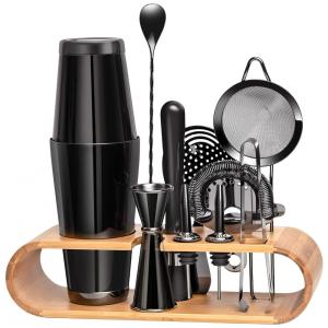 Kit Bn Profissional 11 Peças em Aço Inoxidável com Suporte de Bambu, NEOCASA, Preto